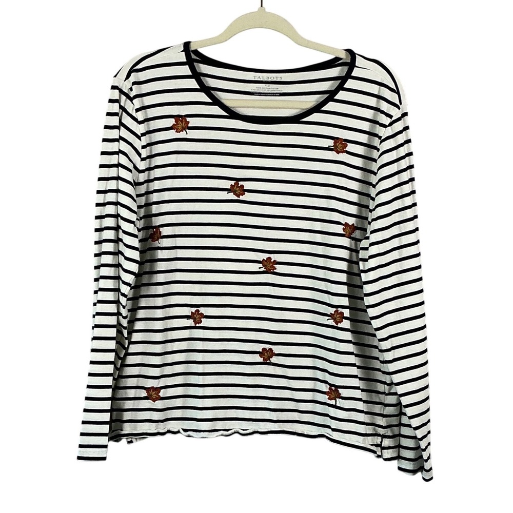 Talbots Petite XL Striped Long Sleeve Tee Embroidered Maple Leaves Cotton Navy
